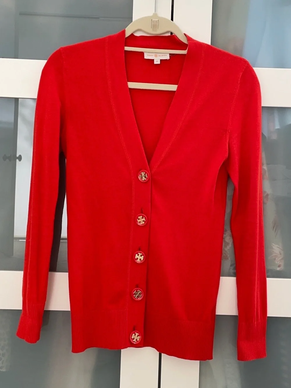 Tory Burch Poppy Red V-Neck Button Cardigan
